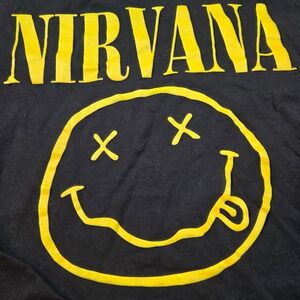 Nirvana Graphic T-Shirt Mens Small Black Yellow Smiley Face Logo Band Tee
